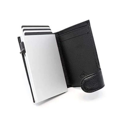 Image of Stealth Wallet Smart Minimalist Card Holders RFID/NFC Blocking Pop Up Wallets with Gift Box Credit Cards Holder &amp; Contactless Protection (Silver Aluminium Black Leather and Coin Pocket)