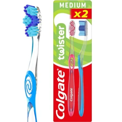 Image of Colgate Twister Fresh Medium Manual Toothbrush 2pk, Multidimensional Cleaning, Removes Odour Causing Bacteria, Cleans in Between Teeth and Along The Gumline, Deep for Fresher Breath.