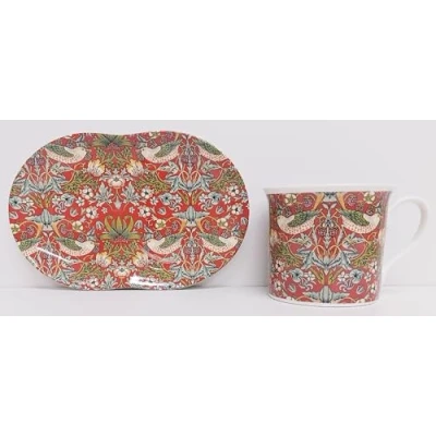 Image of William Morris Strawberry Thief Red TV Tray Bone China Art Nouveau Birds Strawberries Mug 250 ml 8 fl oz and Hand Decorated UK