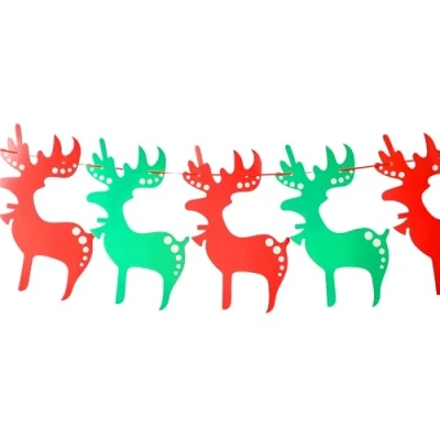 Image of Christmas Banner Bunting Reindeer Red Green Xmas Happy Holidays Hanging Garland Decorations