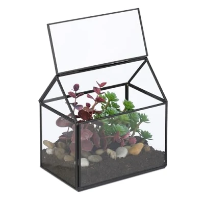 Image of Terrarium, Glass &amp; Copper, House Shape, 15x15x10 cm, Succulents Air Plants, Mini Greenhouse, Decor, Black Relaxdays
