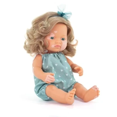 Image of Miniland Baby Doll Caucasian Girl with Vitiligo 38cm. Made in Spain vanilla scent. Anatomically correct. My Friends &amp; Me collection