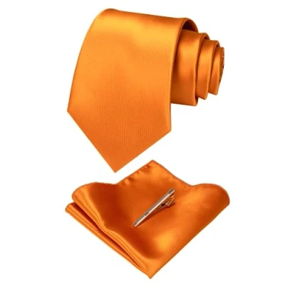 Image of JEMYGINS Orange Tie Silk Necktie and Pocket Square With Clip Sets for Men (8)