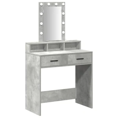 Image of vidaXL bedroom vanity table with mirror &amp; shelves grey particle board beauty desk lights textured finish 79x41x140 cm large drawers for cosmetics storage modern indoor dressing unit