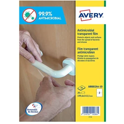 Image of Avery Antimicrobial Film, self Adhesive Clear Film Labels for desks, Books and touchscreens, 199.6 x 143.5mm 2 per A4 Sheet, 10 Sheets Pack (AM002A4)