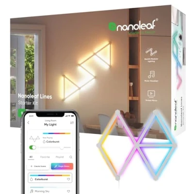 Image of Nanoleaf Lines 60 Degrees Starter Kit, 9 Smart Light Bars LED RGBW Backlit Modular Wi Fi Colour Changing Wall Lights, Music &amp; Screen Sync, Works with Alexa Google Assistant Apple Homekit, Room Decor