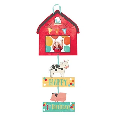 Image of Amscan 242584 Barnyard Baby Birthday Party Personalised Photo Sign Decoration holds a 4&quot; x 6&quot;