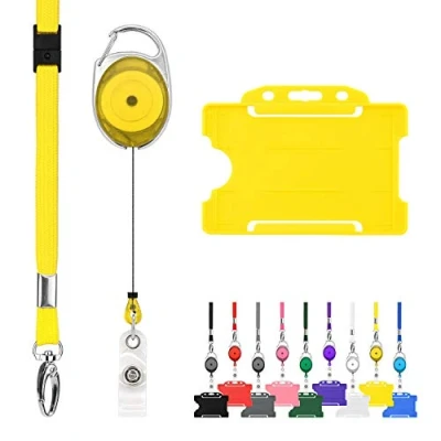 Image of Retractable Lanyard and Badge Holder Trio Triple Pack by LanyardsTomorrow Set Includes A Single Plain Lanyard, Extendable Carabiner Yoyo Reel Clip Rigid ID Card (Yellow)