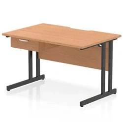 Image of Impulse 1200 x 800mm Scalloped Edge Straight Office Desk Oak Top Black Cantilever Leg Workstation 1 Drawer Fixed Pedestal