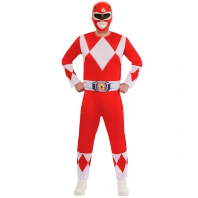 Image of Rubies 1001409L000 Adult Mighty Morphin Red Ranger Power Fancy Dress, 44&quot; Chest