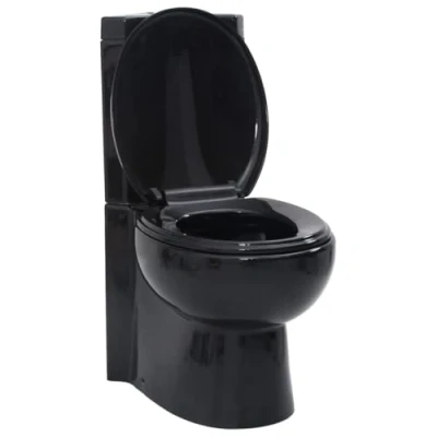 Image of vidaXL Black Ceramic Toilet with Water Saving, Round, Soft Close Seat, Floor Mounted, 1 Piece