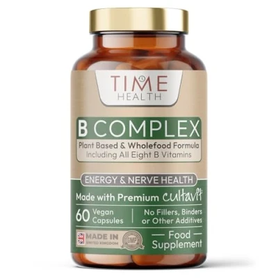Image of Vitamin B Complex Whole Food &amp; Plant Derived Natural, Non Synthetic Vitamins Highly Bioavailable Methylated B9 B12 Cultavit® Zero Additives UK Made Pullulan (60 Capsule Pouch)