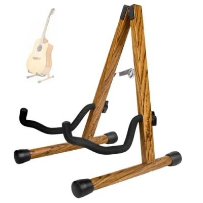 Image of Wood Guitar Stand, Floor Acoustic Electric Wooden A Frame Folding Holder Adjustable for Bass, Cello, Mandolin, Banjo, Ukulele (Zebra Wood)