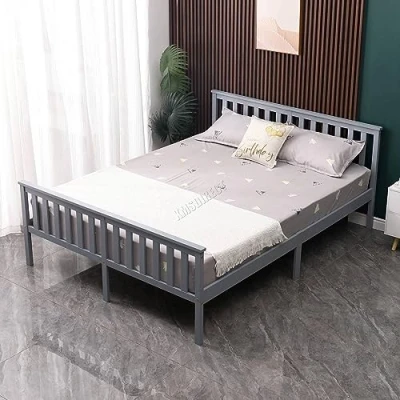Image of WestWood Double Bed Solid Pine Frame Headboard Durable Shaker Style With Footboard Wooden Platform Wood Slat Support Bedroom Furniture Strong Legs Adults Kids Teenagers Grey