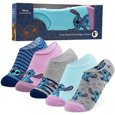 Image of Disney Stitch Socks Women and Teenagers Ankle No Show Minnie Mickey Marie Multi Pack 5 Pairs One Size 4 7 Trainer Gifts (Blue Stitch)