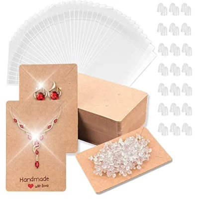 Image of Earring Display Cards, Handmade Jewellery 100 Rubber Stopper Backs, 50 Brown Self Adhesive Sealing Storage Bags for DIY Jewelry Supplies Making