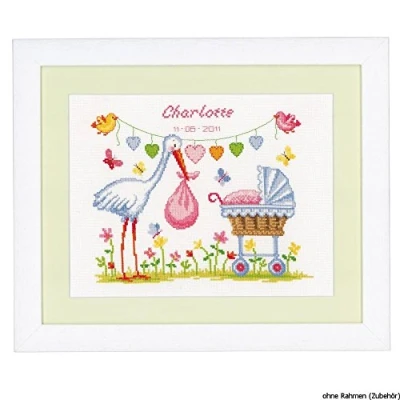 Image of Vervaco Birth Record Stork and Pram Counted Cross Stitch Kit, Multi Colour