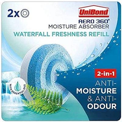 Image of UniBond AERO 360 Moisture Absorber Waterfall Freshness Refill Tab, Aromatherapy, Ultra Absorbent and Odour Neutralising, for Dehumidifier, Condensation Absorbers, Twin Pack (2 x 450g)