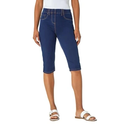 Image of Roman Originals Knee Length Jeggings for Women Ladies Stretch Denim Shorts Jeans Cropped Trouser Capri Pants Summer Cotton Legging Pedal Pusher Legged Crop Spring Cutoff Work Indigo Size 14