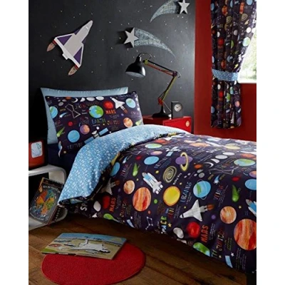 Image of Single Duvet Set &amp; Curtains Navy Blue Outer Space Planets Rockets (Single (no curtains))