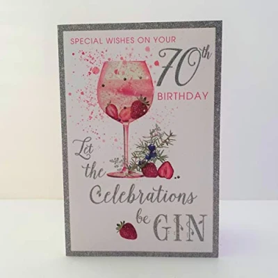 Image of Pizazz Female 70th Birthday Card (NQ HS548) Age 70, Gin O&#039;Clock Flitter Finish Artistic from Nigel Quiney
