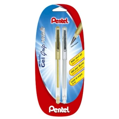 Image of Pentel K118 Gel Ink Pack of 2 Rollerball Pens Metallised Medium Nib Gold and Silver