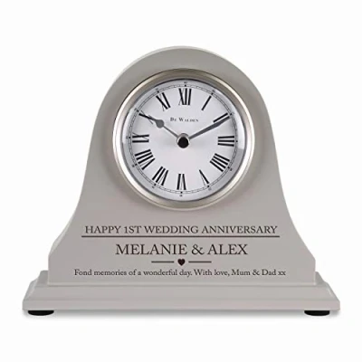 Image of De Walden 1st Wedding anniversary couple gift Engraved Grey Mantel Clock First