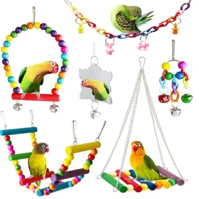 Image of ESRISE 7 Pcs Bird Parrot Toys, Hanging Bell Pet Cage Hammock Swing Climbing Ladders Toy Wooden Perch Chewing for Large Parrots, Conures, Love Birds, Small Parakeets Cockatiels, Macaws, Finche