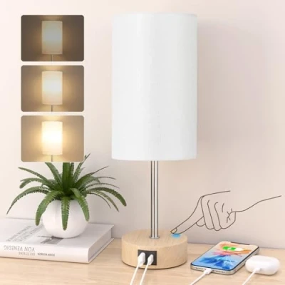 Image of STANBOW Bedside Lamp for Bedroom, Touch Table with USB A+C Charging Ports, 3 Way Dimmable Night Lamps Living Room Decor Grey Fabric Shade (LED Bulb Included)