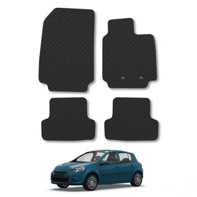 Image of Rubber Car Mats Compatible with Renault Clio (2006 2013) Tailored Fit Floor Set Accessory Black Custom 4 Pieces Clips Anti Slip Backing, Heavy Duty &amp; Waterproof