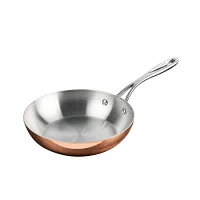 Image of Vogue Tri Wall Copper Frying Pan 20 cm, Copper, Mirror Finish, All Hob Compatible, Induction Compatible Pan, Professional &amp; Home Chef, CM678