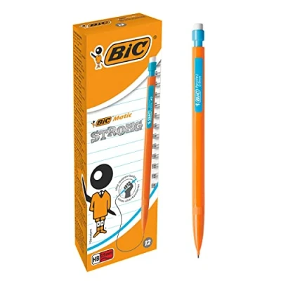 Image of BIC Matic HB Mechanical Pencils and Eraser, Assorted Barrel Colours with Fine Point (0.9 mm), Pack of 12, Yellow,Orange,White,Pink