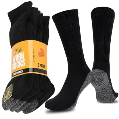 Image of LOVEVO Work Socks for Men Heavy Duty Performance Cushioned Reinforced Heel Toe Crew Calf Sports Hiking Cotton Rich Socks, 6 11 (Black &amp; Grey, 5 Pair)