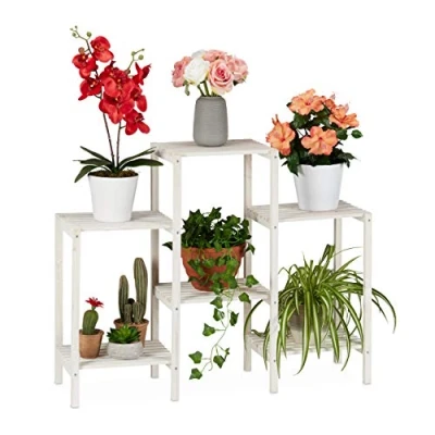 Image of Relaxdays Wooden Flower Rack, Decorative Ladder Shelf for Plants, Indoor Use, Standing, 70 x 89 26.5 cm, White