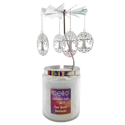 Image of Cello Scented Clear Quartz Candle with Spinner. A Crystal Quartz. The Ideal Carousel and Rotary Holder. Spinning Carousel, Rotating