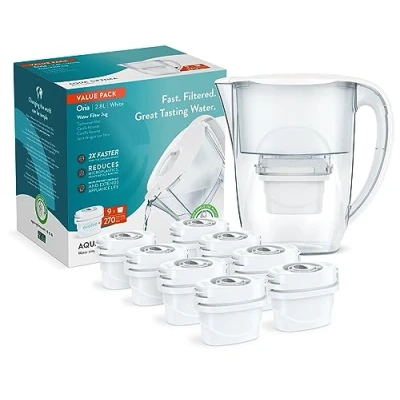 Image of Aqua Optima PJ0611 Oria Water Filter Jug &amp; 9 x 30 Day Evolve+ Cartridge, 2.8 Litre Capacity, for Reduction of Microplastics, Chlorine, Limescale and Impurities, White