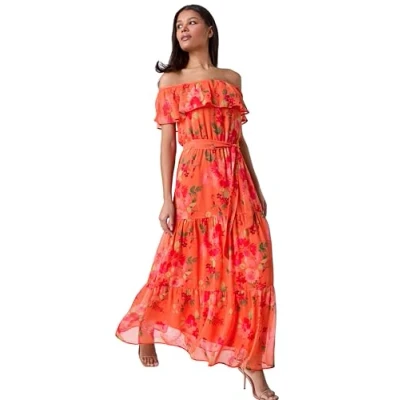 Image of Roman Womens Floral Tiered Bardot Belted Dress Orange Size 16 UK