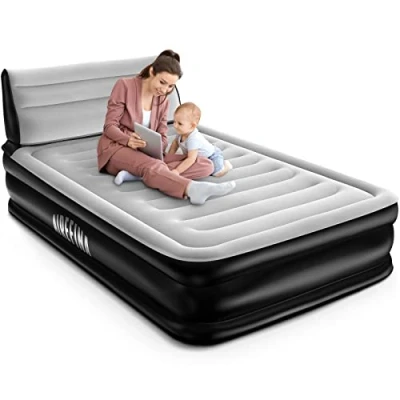 Image of Airefina Double Airbed with Headboard, Inflatable Air Mattress Built in Pump, Comfortable Flocked Surface Blow Up Bed for Home, Camping &amp;Guests, Fast &amp;Easy Inflation/Deflation Airbed, 317kgs Max