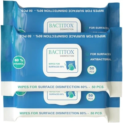 Image of Bactitox 150 Antibacterial Alcohol Wipes 80% Ethanol Fast Acting Surface Disinfectant 50 count (Pack of 3)