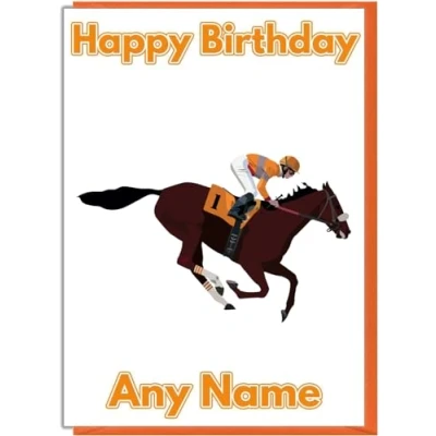 Image of AK Giftshop Race Horse/Jockey Personalised Birthday Card ADD A NAME AND AGE