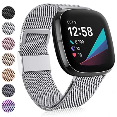 Image of Faliogo Compatible with Fitbit Versa 3 Strap/Fitbit 4 Sense Strap, Adjustable Stainless Steel Metal Replacement Strap Magnet Lock for 4/Versa 3/Sense, Large Silver