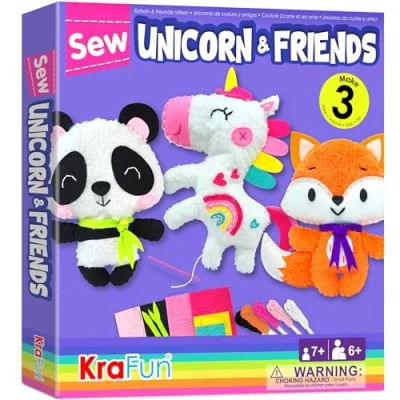 Image of KRAFUN Unicorn Beginner Animal Sewing Kit for Kids Age 7 13 My First Art &amp; Craft, Includes 3 Stuffed Dolls Panda, Fox, Instructions Plush Felt Materials Learn to Sew, Embroidery