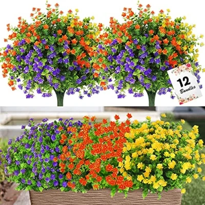 Image of SMALUCK Artificial Fake Flowers 12 Bundles Outdoor UV Resistant Plants Faux Plastic Greenery Shrubs for Hanging Home Garden Porch Window Wedding Party Decor