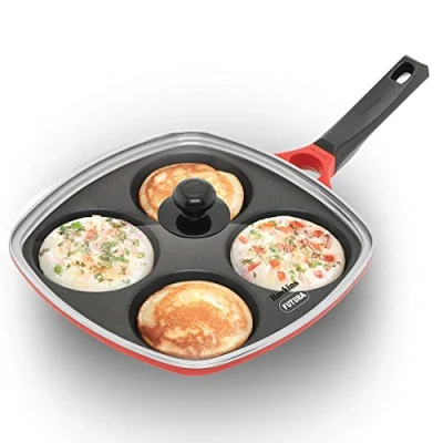 Image of Hawkins 30 cm Die Cast Multi Snack Pan with Glass Lid, Nonstick Mini Uttapam Tawa, Pancake Pan, Red (DCMS30G)