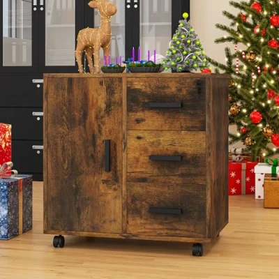 Image of YITAHOME Mobile File Cabinet, 3 Drawer Lockable Filing Cabinets for Home &amp; Office, Printer Stand, Storage Cabinet with Drawers 1 Door 4 Wheels, Office Rolling (Rustic Brown)