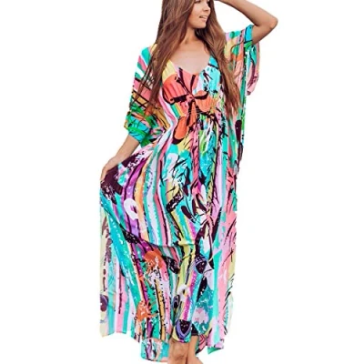 Image of YouKD Summer Cotton Print Floral Long Kaftan Bohemian Beach Swimsuit Cover Up Maxi Dress for Women