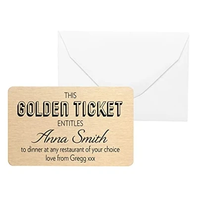 Image of Personalised Keepsake Golden Ticket Gift Voucher Metal Wallet Card Birthday Christmas Valentines Fathers Mothers Day (Luxury Box)