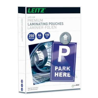 Image of Leitz 74840000 Laminating Pouches Made of 250 Micron Thick Material (Transparent, Glossy, A4 and UDT) Pack 100