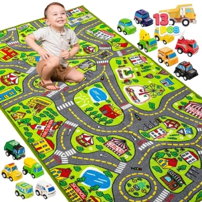 Image of JOYIN Kids Play Rugs with 12 Pull Back Vehicle Set, Durable Carpet Playmat Rug, City Pretend Play, Toddler Car Track Rug