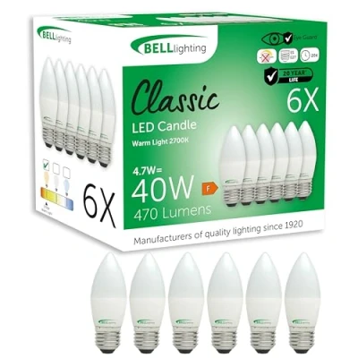 Image of Bell Lighting E27 Edison Screw Cap Light Bulb LED Candle 6 Pack Warm White 2700K 470 Lumen 4.7W Energy Saving 40W Halogen Lamp Equivalent Non Dimmable